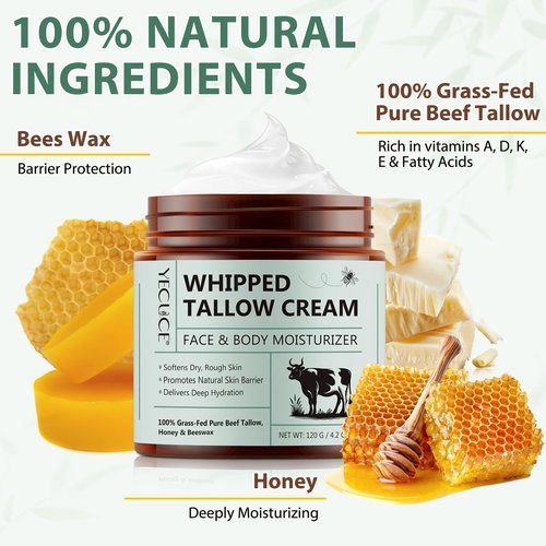 Liefiet Beef Tallow for Skin, 4.2oz Tallow and Honey Balm, Face Moisturizer and Nourishes Body, Grass Fed Whipped Beef Honey Cream Reduces Irritation Skin and Sensitivity
