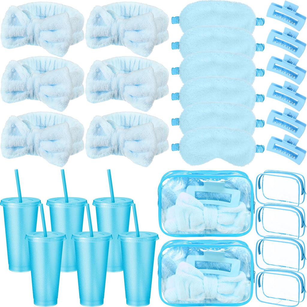 Wavyknot 30 Pcs Spa Party Favor for Women Sleepover Party Supplies 6 Bow Headband 6 Eye Mask 6 Hair Clip 6 Cosmetic Bag 6 Glitter Plastic Cup for Adult Spa Birthday Bachelorette(Blue)