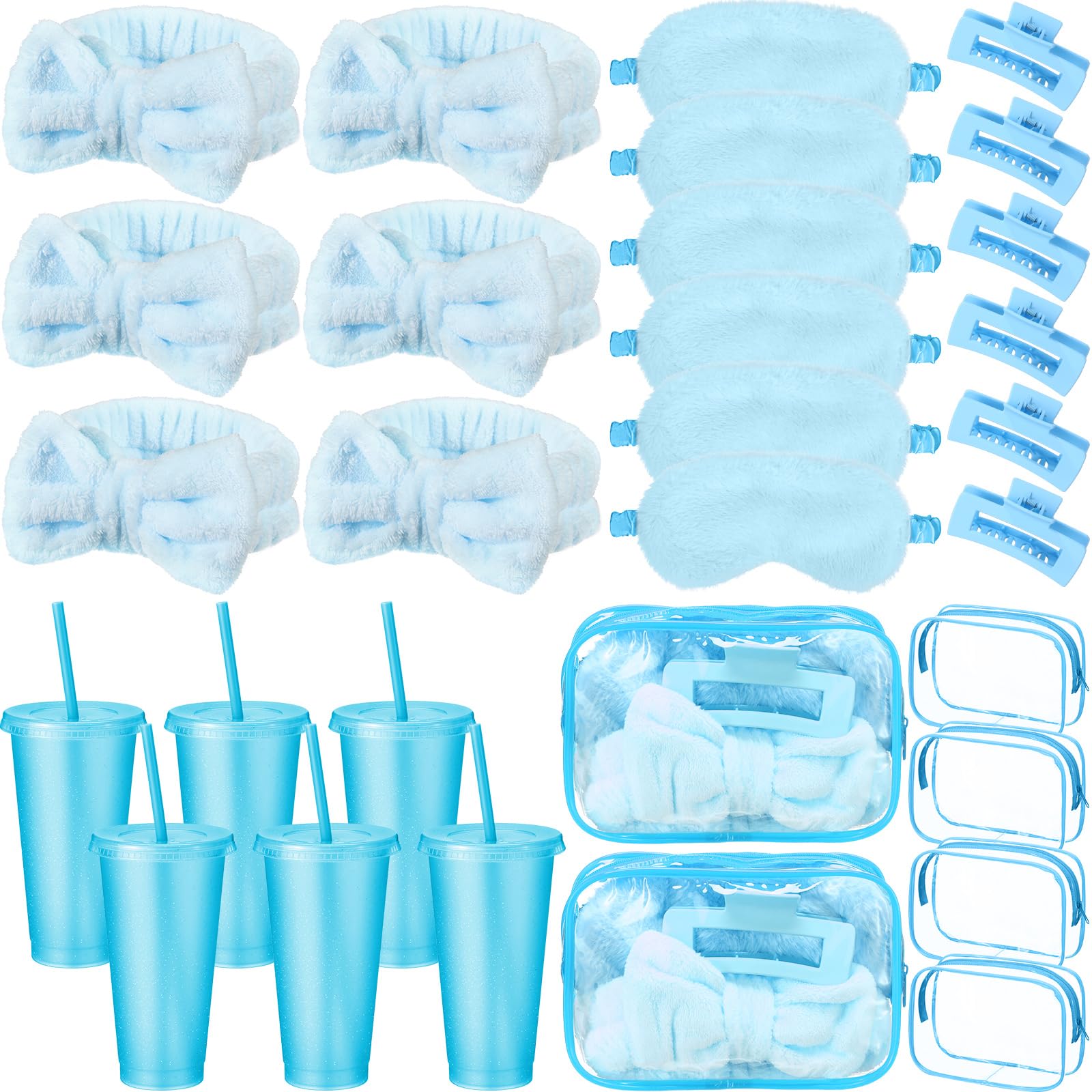 Wavyknot 30 Pcs Spa Party Favor for Women Sleepover Party Supplies 6 Bow Headband 6 Eye Mask 6 Hair Clip 6 Cosmetic Bag 6 Glitter Plastic Cup for Adult Spa Birthday Bachelorette(Blue)