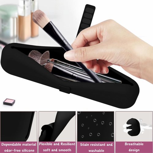 BSJIASHIWEI Silicone Makeup Brush Holder Travel Case No Odor Nylon Strap Closure | Water-Resistant Brush Organizer for Travel Makeup Brushes Storage-Black