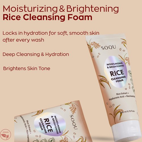 SOQU Rice Foam Cleanser with Niacinamide & Hyaluronic Acid – Gentle Korean Face Wash for Hydrating & Brightening – Made in Korea – 200ml