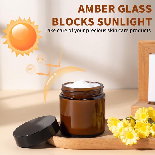 4oz Amber Glass Jars with Lids - 2 Pack Leakproof Glass Containers for Cosmetics, Creams, Lotions, or Candles, Includes Label Stickers