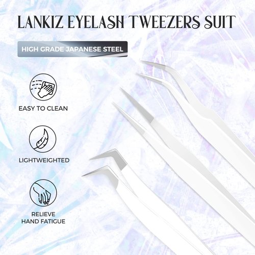 Lash Tweezers for Eyelash Extensions, Lankiz Eyelash Tweezers for Lash Extensions Stainless Steel Straight and Curved Volume Lash Tweezers Set Kit (3PCS-White)