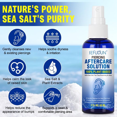 Piercing Aftercare Spray, Saline Spray for Piercings Cleaner for Ear, Belly & Nose - Gently Cleanses - Soothing & Gentle-2 Fl Oz