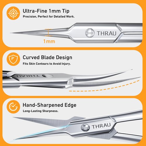 THRAU Cuticle Scissors Extra Fine for Manicure and Pedicure, Curved Blade Nail Scissors, Precise Pointed Tip Grooming Kit for Eyebrow, Eyelash, Trim Nail and Dry Skin, Small Scissors
