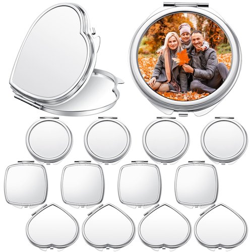 Jetec 12 Pcs Sublimation Blanks Products Small Compact Mirror Bulk Heat Transfer Folding Pocket Makeup Mirror Heart Round Square Double Sided Handheld Sublimation Mirror for Women Gift Purse Travel