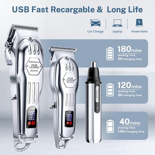 KIKIDO Hair Clippers for Men, Professional Cordless Hair Trimmers Set, Rechargeable Nose Hair Beard Trimmer, Hair Cutting Machine Haircut Grooming Kit (Sliver-3)