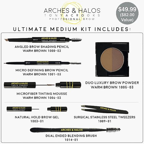 Arches & Halos - Ultimate Brow Hero Kit - Eyebrow Styling Makeup Kit, Pencil, Gel, Shading, Powder, Mousse, Natural and Bold Precise Brow Shaper - Hypoallergenic, Vegan - 7 Pc Kit, Medium