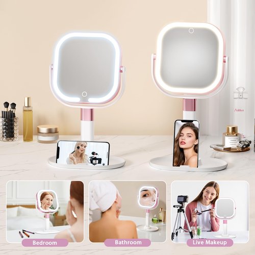 Unbednigt Makeup Mirror with Lights, 1X/10X Magnifying Vanity Mirror with Rechargeable 3 Color Lights, 360° Rotation 2-Sided Height Adjustable Brightness Cosmetic Lighted Magnified Mirror Tweezer