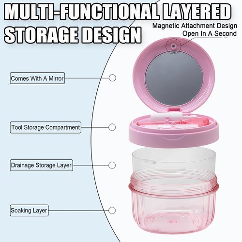 Denture Case, Leak-Proof Denture Bath Cup for Travel, Large-Capacity Denture Storage Cup, Comprehensive Cleaning Kit for Dentures, Retainers and Night Guards
