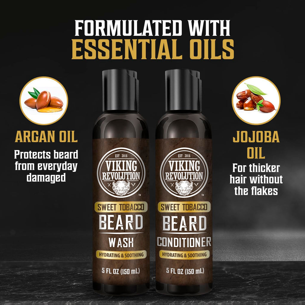Viking Revolution Beard Wash and Beard Conditioner for Men with Argan Oil and Jojoba Oil - Beard Softener and Strengthener Beard Care Beard Shampoo and Conditioner with Beard Oil (5oz, Sweet Tobacco)