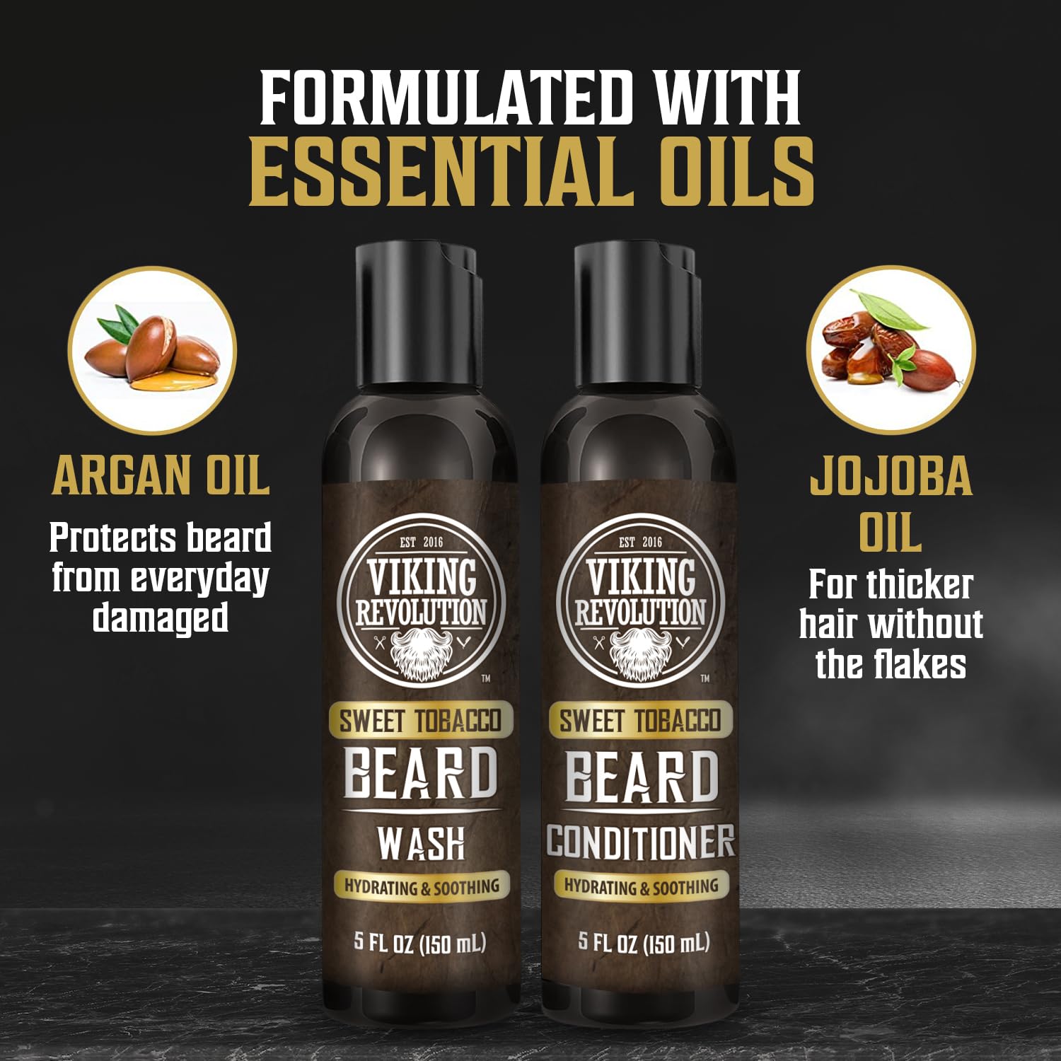 Viking Revolution Beard Wash and Beard Conditioner for Men with Argan Oil and Jojoba Oil - Beard Softener and Strengthener Beard Care Beard Shampoo and Conditioner with Beard Oil (5oz, Sweet Tobacco)