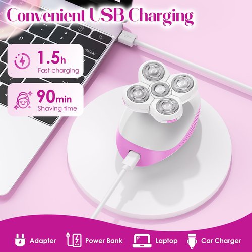 Electric Razors for Women, Anti-Slip Electric Rotary Shaver for Women Legs, Rechargeable Waterproof Body Shaver, Ideal Travel Lady Trimmer Hair Remover for Underarms Armpits &Bikini Area, Pink