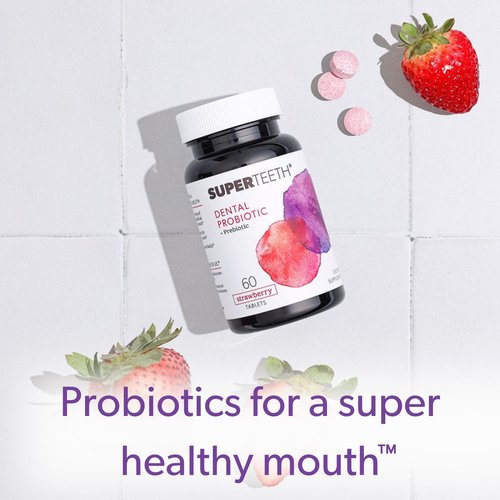 SUPER TEETH Oral Probiotic for Kids & Adults | 60 Strawberry Lactobacillus Reuteri Chewable Tablets | Freshens Bad Breath & Fights Cavities with BLIS M18 | Dental Probiotic to Support Oral Health