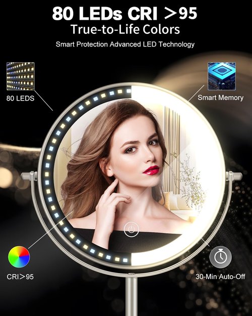 VFD 30X/1X Makeup Mirror with Lights, Height Adjustable Lighted Magnifying Vanity Mirror with 3 Lighting and Adjustable Brightness, 3000mAh Rechargeable Double Sided Switch for Desk Women Gift