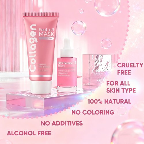 Collagen Overnight Peel Off Mask & Peptide Serum Set with Niacinamide, PDRN - Boosts Elasticity, Fades Dullness & Sagging, Korean Skin Care for Glowing Complexion, All Skin Types, Includes Brush