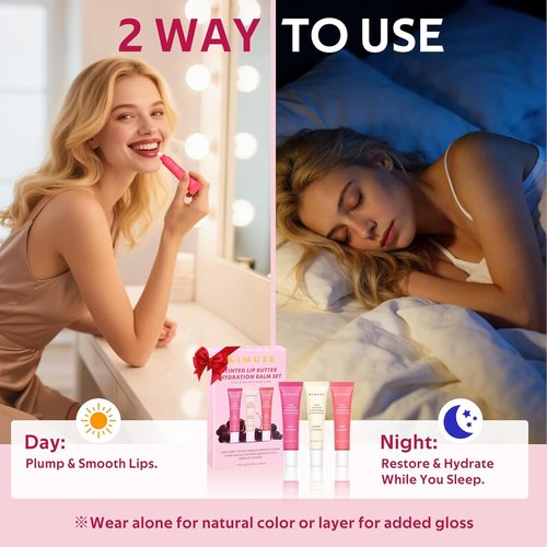 KIMUSE Tinted Lip Butter - Hydrating Lip Balm with Hyaluronic Acid & Vitamin E | 3 Pack for Moisture & Shine