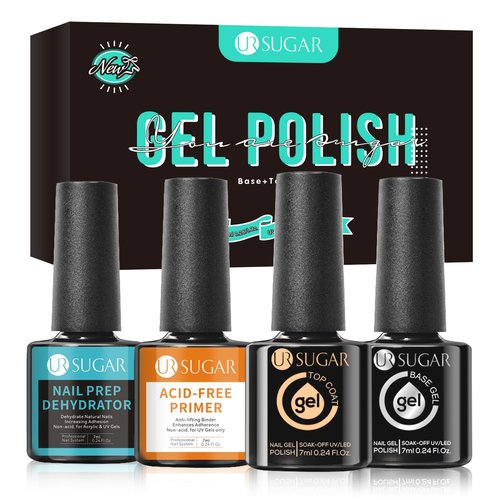 UR SUGAR 4 Pcs Nail Dehydrator Nail-Primer Base and Top Coat, Acid Free Natural Nail Prep Dehydrate & Bond Nail-Primer Kit, Glossy Surface Quick Drying Long Lasting and Easy to Apply
