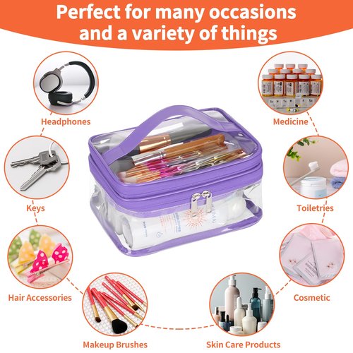 HAOGUAGUA Double Layer Clear Cosmetic Bag Makeup Bag, Waterproof Travel Toiletry Bag, Transparent PVC Pouch Organizer (Purple)