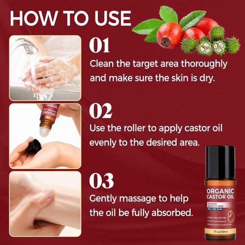 Tiepetly Castor Oil Roll on, Castor Oil Organic, 100% Pure & Cold-Pressed, Hexane Free, Moisturize Skin, Glass Bottle for Hands, joints, Waist Belly Body Skin