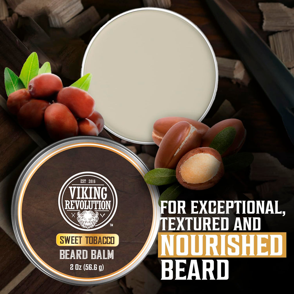 Viking Revolution Beard Balm - Tobacco Scented Moisturizing Butter with Argan & Jojoba Oil | 2oz