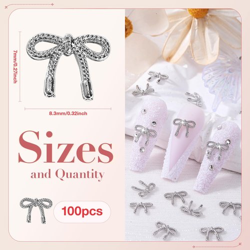 QPRETTY DU 3D Bow Nail Charms 100PCS Silver Metal Butterfly Nail and Gems Shiny Nails Art Decoration Supplies Accessories for Acrylic Nails DIY