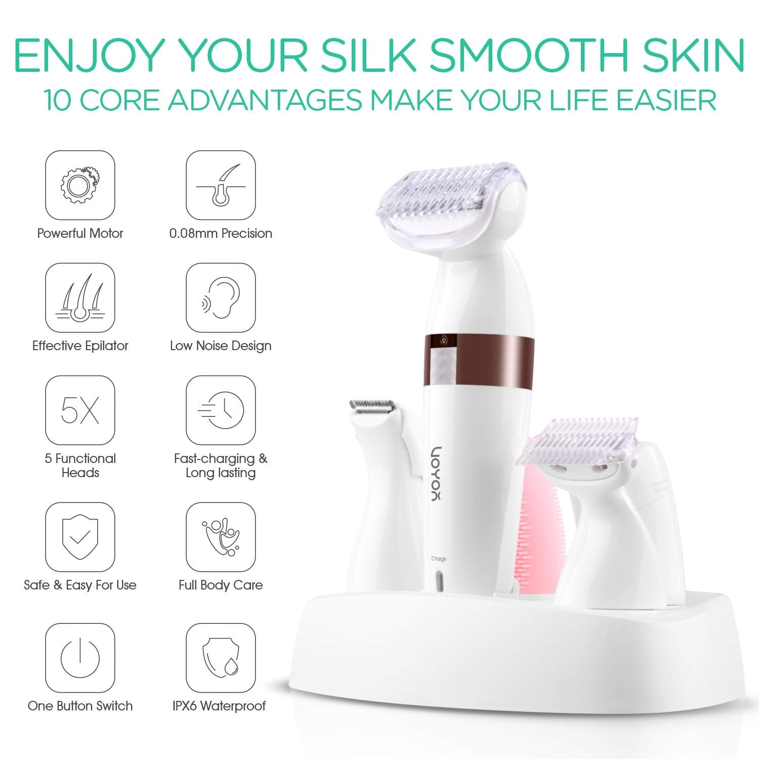 VOYOR Electric Shaver - 5-in-1 Women's Grooming Kit | Cordless, Waterproof Bikini Trimmer & Hair Remover
