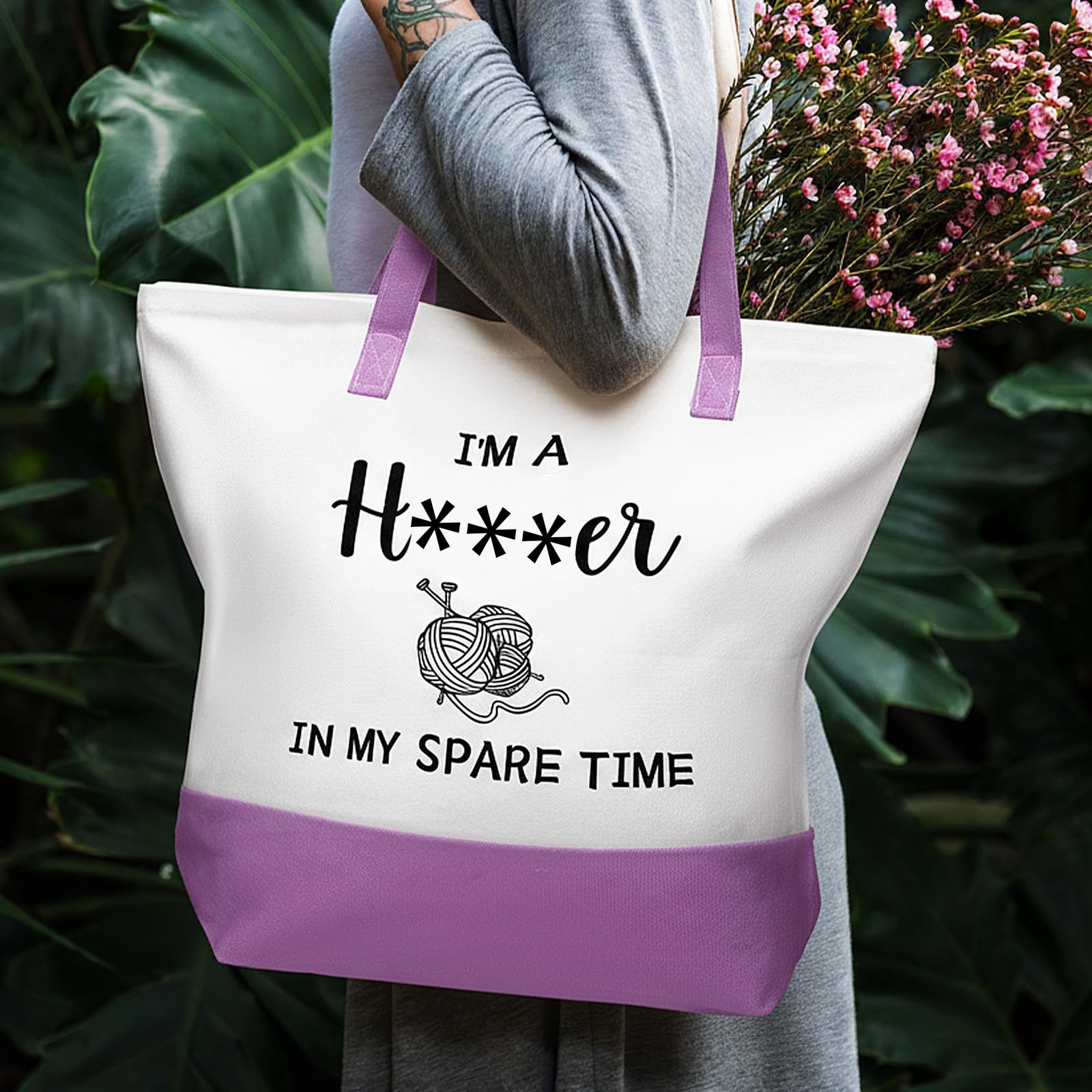 Wesnoy 2 Pcs Crochet Lover Gifts for Women, Funny Purple Canvas Bag with Cosmetic Pouch Tote Bag in My Spare Time Crochet Lovers Friends Crocheters Gifts