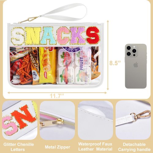 HIGH FIT Snack Bags Pouch Travel Makeup Bag Chenille Letter Patch - Waterproof Nylon Clear Cosmetic Bag/Tote Bag/Makeup Travel Bag/for Women Girls (Snack-White)