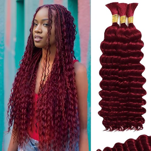 CIFENDIN Human Braiding Hair for Boho Braids 110g 16 Inch Burgundy Curly Boho Hair for Braiding Knotless 12A Deep Wave Wet and Wavy Bulk Bohemian 3 Bundles/Pack Color 99J