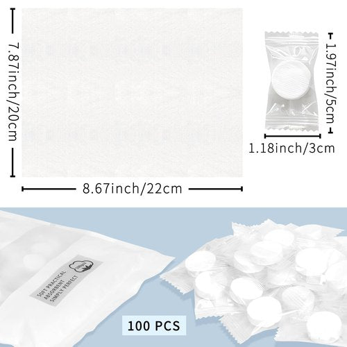 Classycoo Compressed Towel 100 PCS Mini Tablets Disposable Portable Face Towel Cotton Coin Tissue for Travel, Camping, Hiking, Sport, Beauty Salon, Home Hand Wipes and Other Outdoor Activities (White)