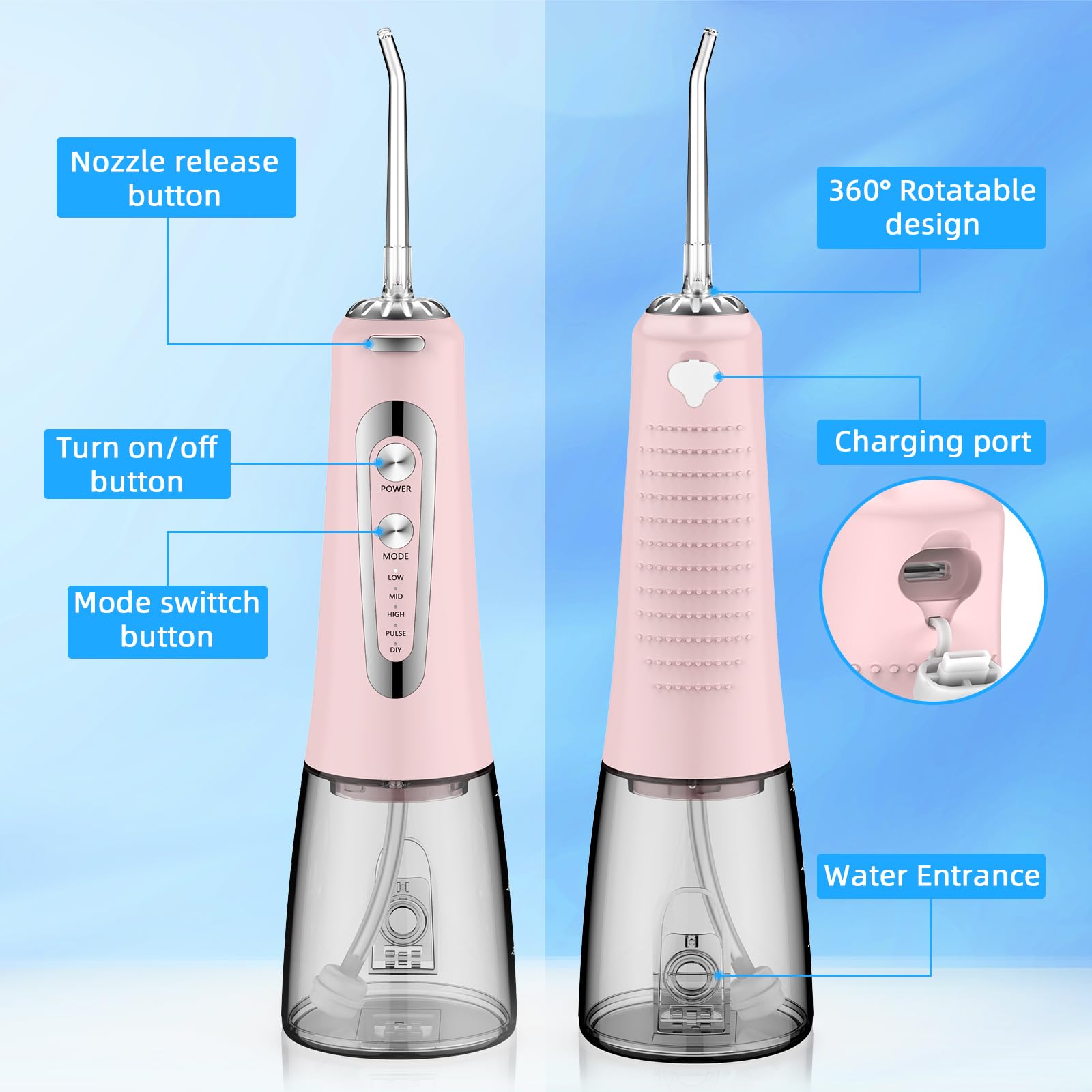 Water Flosser,300ML Water Pulse flossers-5 Modes&6 Replaceable Jet Tips for Teeth Cleaning and Flossing,Rechargeable (Pink)
