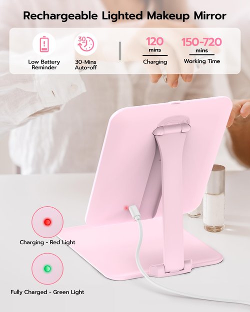 Anfauny Lighted Travel Makeup Mirror with Magnetic 10X Magnification, Vanity Portable and Foldable with Adjustable Stand, Rechargeable 3 Color Lights for Desk and Tabletop -Pink