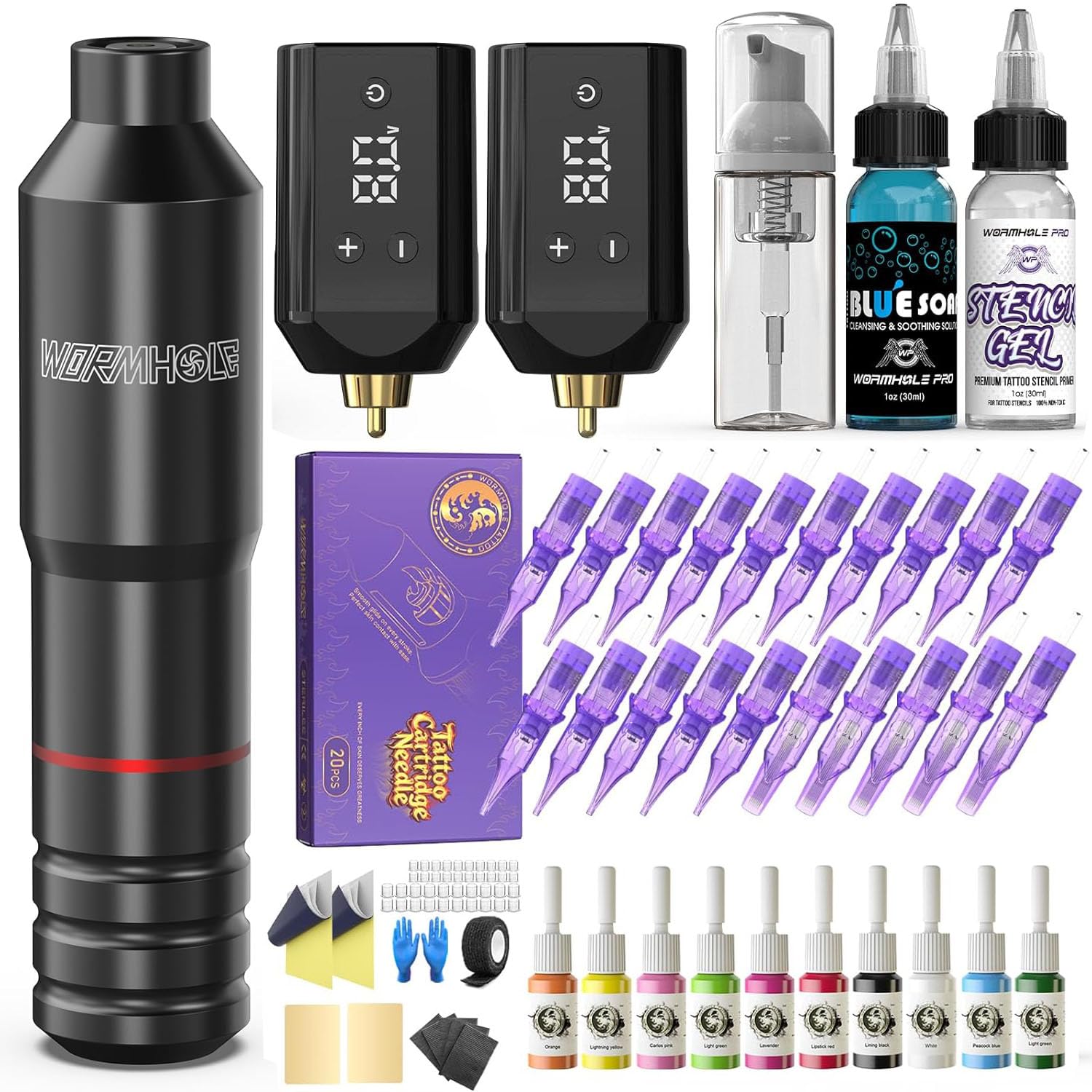 Wormhole Wireless Tattoo Gun Kit – Professional Rotary Tattoo Machine with Dual 1200mAh Batteries, Ergonomic Design, Tattoo Inks, Practice Skin, Needles & Complete Accessories for Beginners