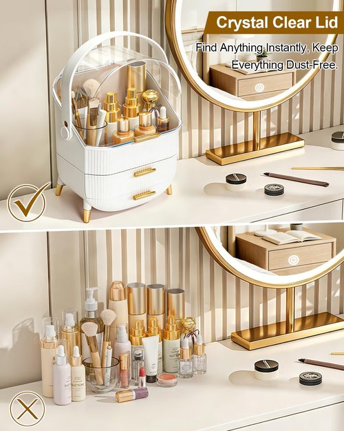 Bleutty Makeup Organizer with Drawers & Lid - Portable Large Cosmetic Storage Case for Vanity Countertop, Travel, Gift for Women, Girls, 11"×7"×15", White