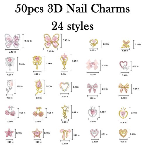 Laza 50pcs Nail Charms Y2k Alloy Nail Rhinestone Charms 3D Heart Star Butterfly Nail Gems Tulips Cherry Pink Bow Jewelry Crystal Shiny Rhinestones Nail Decoration Accessories for Nail Design