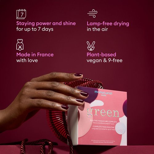Manucurist Green™ System Set with Plum - Professional Vegan Plant-Based Manicure Kit: 1 Degreaser, 1 Base Coat, 1 Nail Polish Dark Wine, 1 Top Coat, Dried Drops - Gifts for Her