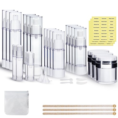 KOUWICH 34 Pack Airless Pump Jars Set, 1.7/1/0.7/0.34oz Refillable Travel Size Containers, Leak-Proof Toiletry Bottles for Skincare and Creams, Lotion, Eye Cream, Liquid, Foundation, Shampoo