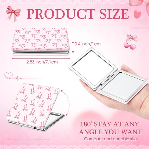 Geelin 6 Pcs Coquette Pink Bow Compact Mirror Bulk for Purse Small Pocket 1X/2X Magnifying Portable Makeup Double Sided Travel Mirror Aesthetic Preppy Gift for Women Girl Bridal Shower Party (Square)