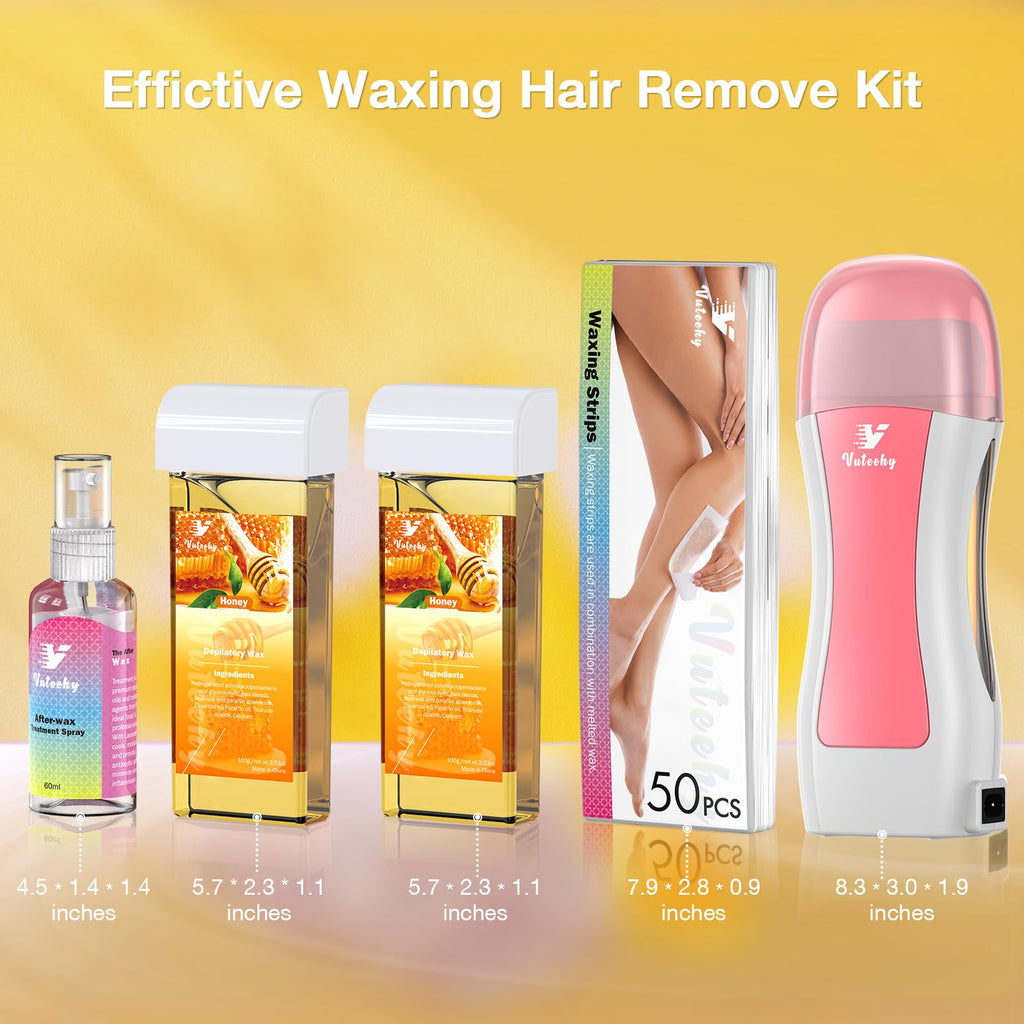 Vuteehy Roll on Wax Kit, Rolling Wax Hair Removal Kit for Women Men, Waxing Kit for Hair Removal, Roller Waxing Kit with 2 Honey Cartridges, 50 Pcs Strips