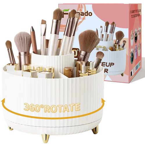 fanado 360° Rotate Makeup Brush Holder Organizer, Makeup Organizers Countertop, Makeup organization and Skincare Storage for Vanity, Desktop, Bathroom (White-1)