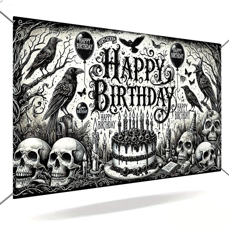Gothic Halloween Birthday Banner - 71x43 Inch Dark Party Backdrop with Skulls & Crows - Multicolored Variation 538
