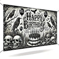 Gothic Halloween Birthday Banner - 71x43 Inch Dark Party Backdrop with Skulls & Crows - Multicolored Variation 538