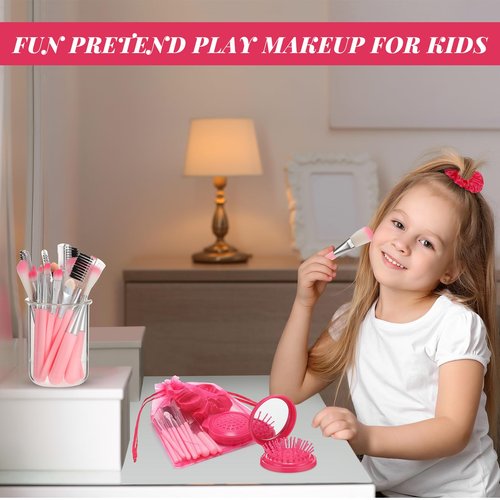 SiliFine Pink Girl Party Favors Girl Makeup Party Favor Party Supplies Set Includes Pink Gauze Bags, Hair Scrunchies, Foldable Mirror Hair Brushes, Makeup Brushes Toys(96 Pcs)