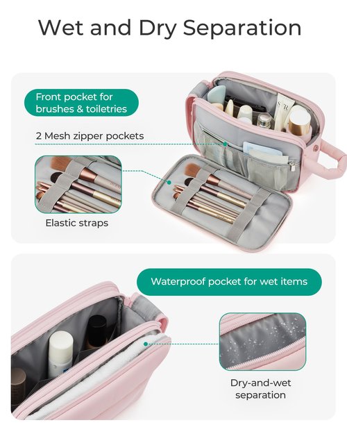 BAGSMART Travel Toiletry Bag for Women, Puffy Cosmetic Makeup Bag Organizer, Large Wide-open Travel Organizer for Toiletries, Dopp Kit Water-resistant Makeup Case for Accessories-Camel