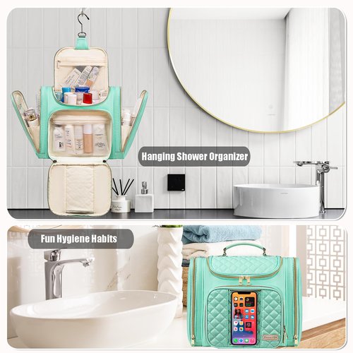Romenrita Travel Toiletry Bag for Women, Hanging Toiletry Bag, Bathroom Bag Portable Shower Caddy for College Dorm Travel Shower Bag for Women Water-Resistant Cosmetic Makeup Bag (Green)