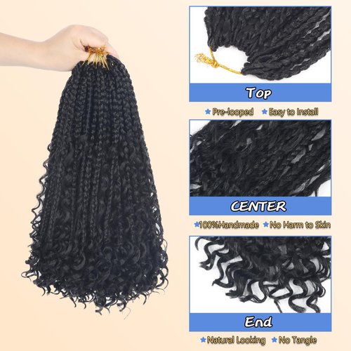 Goddess Box Braids Boho Crochet Hair - 14Inch Pre-Looped Box Braids With Curly Ends (14 Inch, Pack of 8, #1B)
