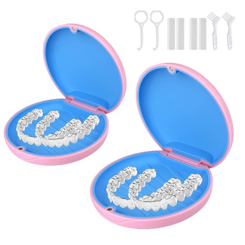 ACSKD 2 Pack Aligner and Retainer Case,Compatible with Invisalign,Mouthguard Case Kits, Portable Aligner Cases with Chew Remover Tool and Brush, Pink