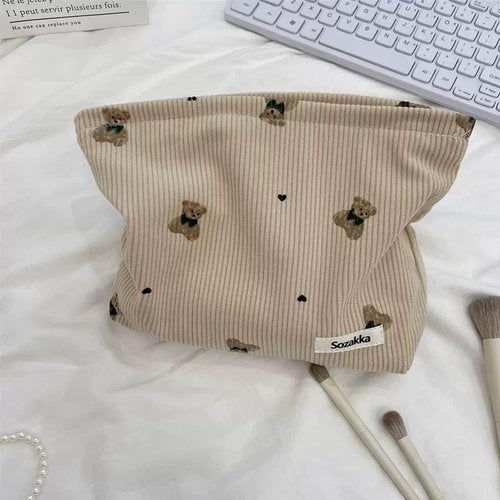 lllyan 2 Pcs Makeup Bag Travel Canvas Organizer Cosmetic Bag for Purse Toiletry Bag with Zipper For Women Travel Essentials Tool Pouch for Women and Girls（Beige khaki bear）