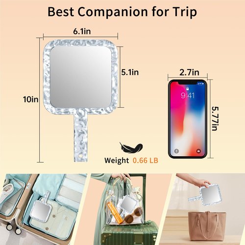 Famihomii Handheld Mirror with 1X/7X Magnification, Dual-Sided Magnification Hand Mirror, Hand Mirror with Handle, 10" x 6.1", Lightweight & Durable, Portable & Hangable for Makeup, Shaving - Clear